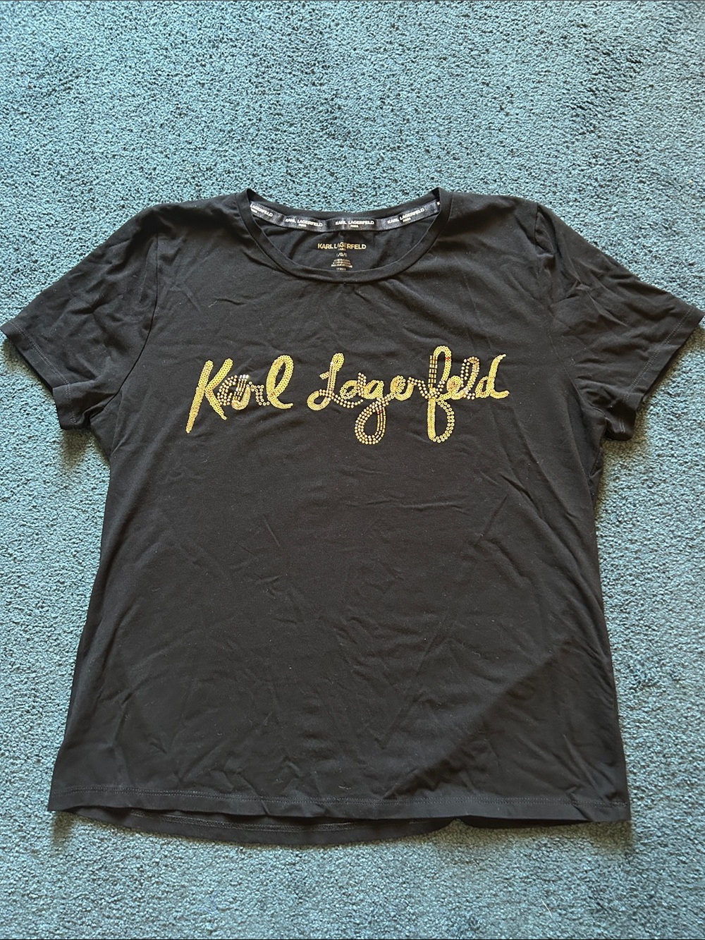 Karl Lagerfeld Black Short-Sleeve Tee with Gold Script Logo